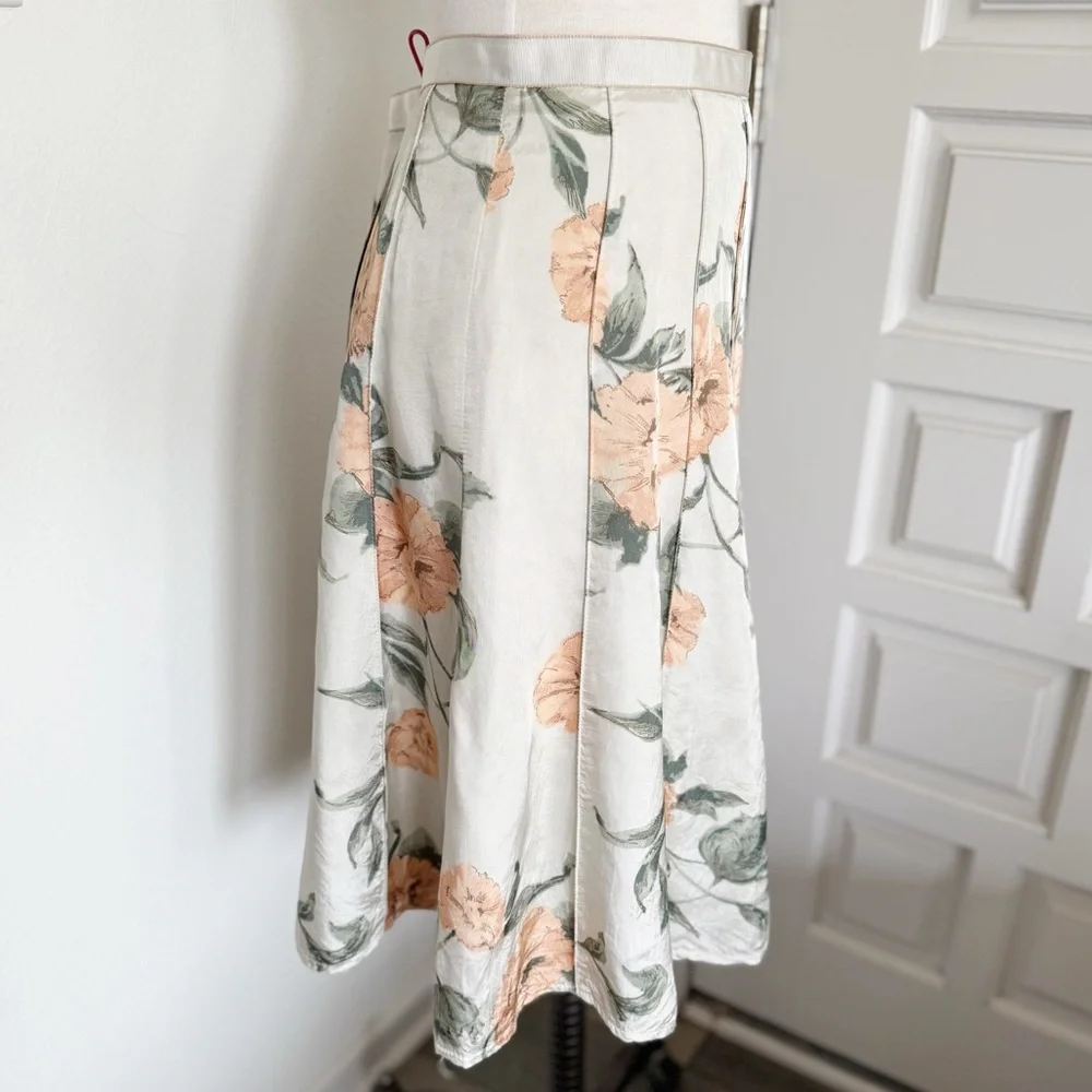 MNG Mango Peach & Green Floral Cream A-line Skirt Size 8